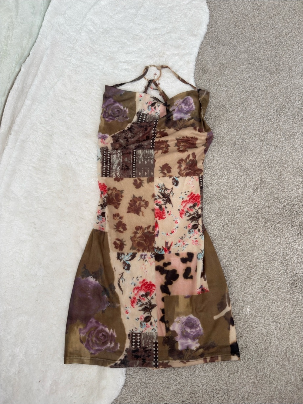 Fashion Nova Floral Patchwork Halter Dress in Olive, Beige & Purple